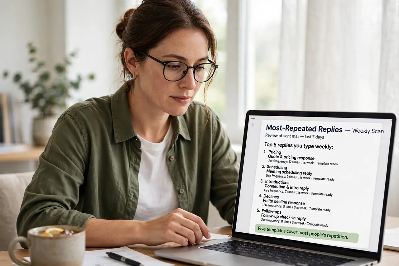 A person performing the first step of the guide: List your most-repeated replies.