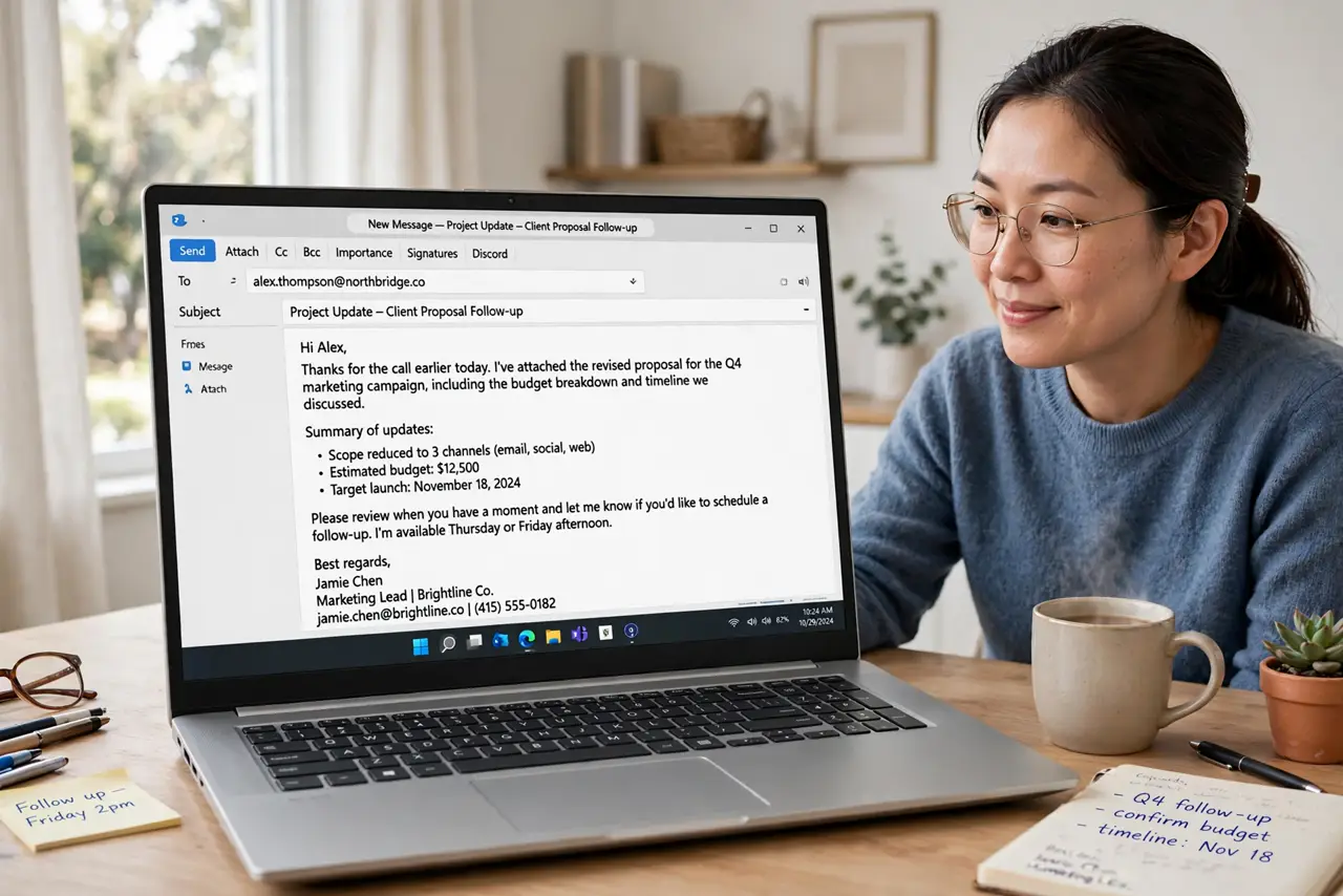 a person at a desk with a real laptop showing an email compose window with a template and legible text, the person's face efficient and pleasant, bright home office.