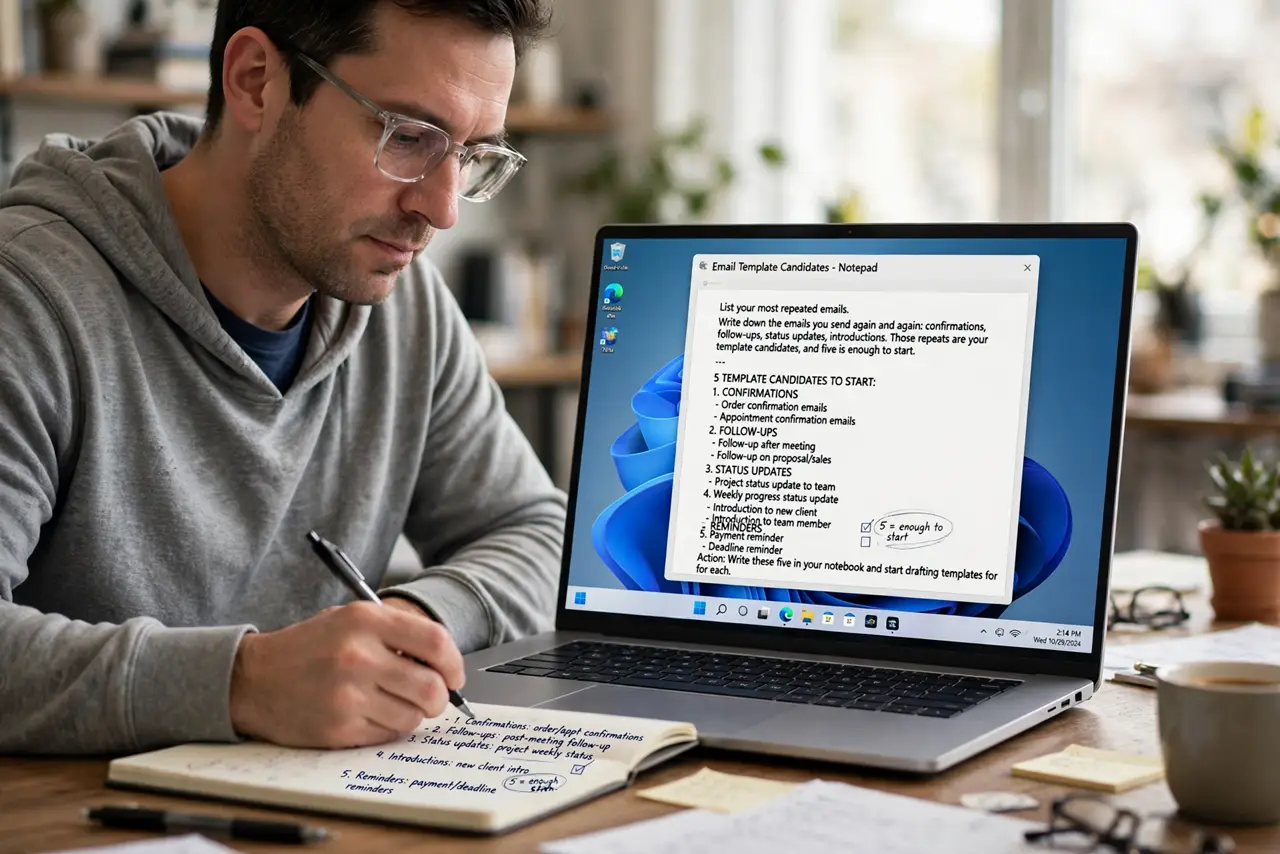 A person performing step 1 of the guide: List your most repeated emails. Write down the emails you send again and again: confirmations, follow-ups, status updates, introductions. Those repeats are your template candidates...