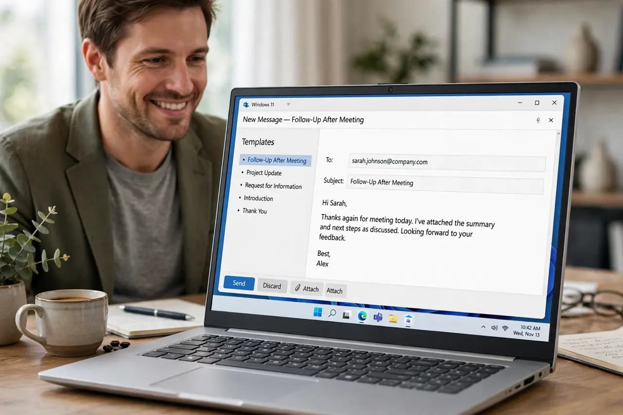 a calm adult at a desk with a real Windows laptop, the screen showing an email compose window with a template list fully legible, the person smiling at the screen. No black screen, no blank white screen, no fake or ga...