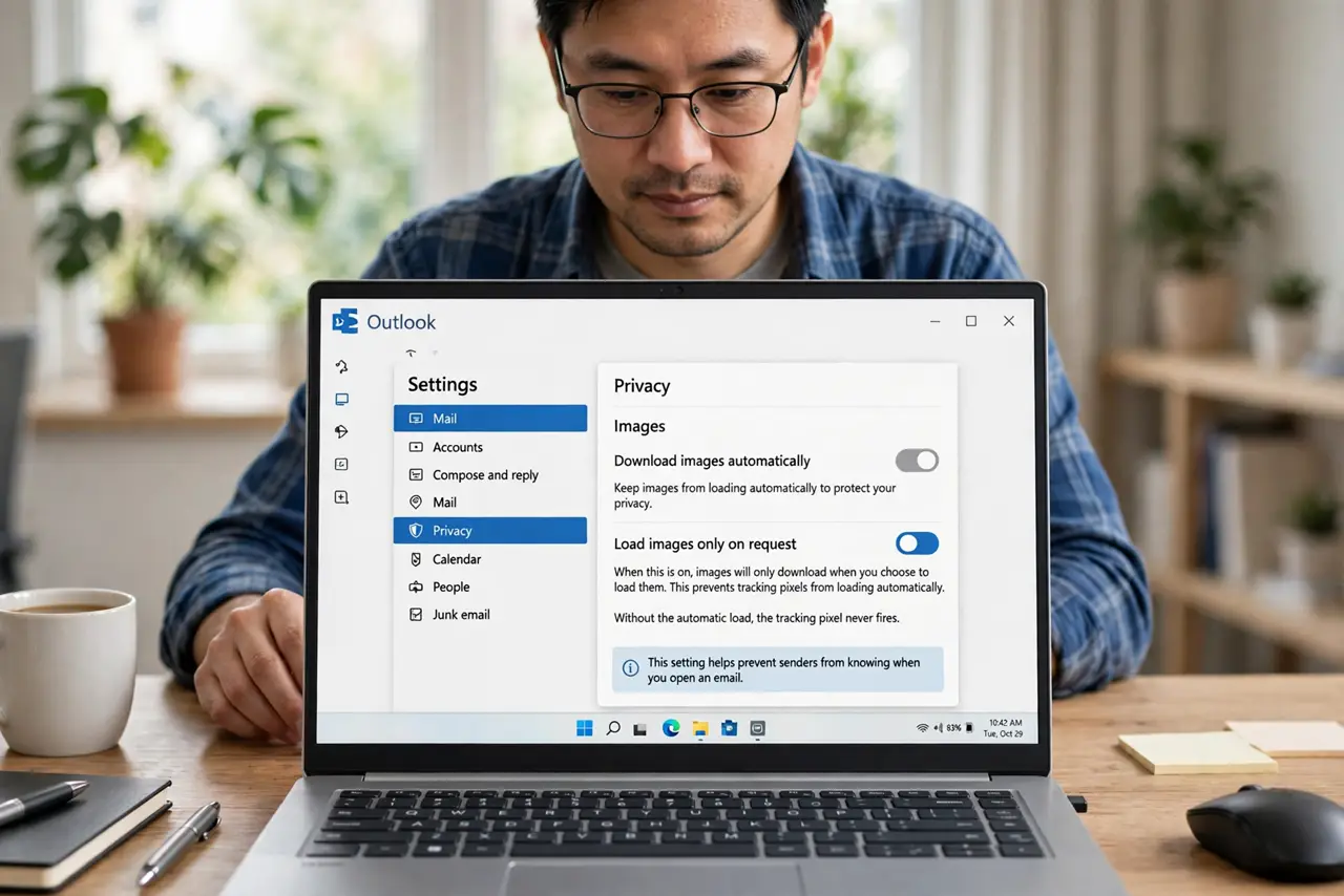 A person performing step 1 of the guide: Turn off automatic image loading. Find the images or privacy option in your email app and set images to load only on request. Without...