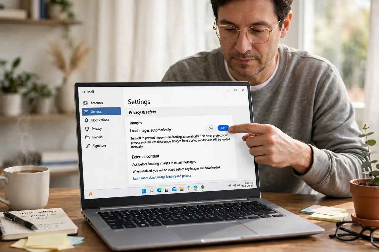 a calm adult at a desk with a real laptop, the screen showing a normal email settings page with an image-loading option and legible text, the person toggling it