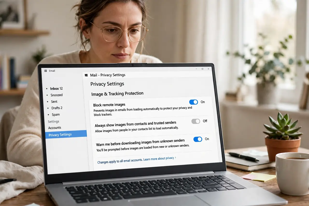 A person looking at a real laptop showing an email app's privacy settings with a block-remote-images toggle legible,