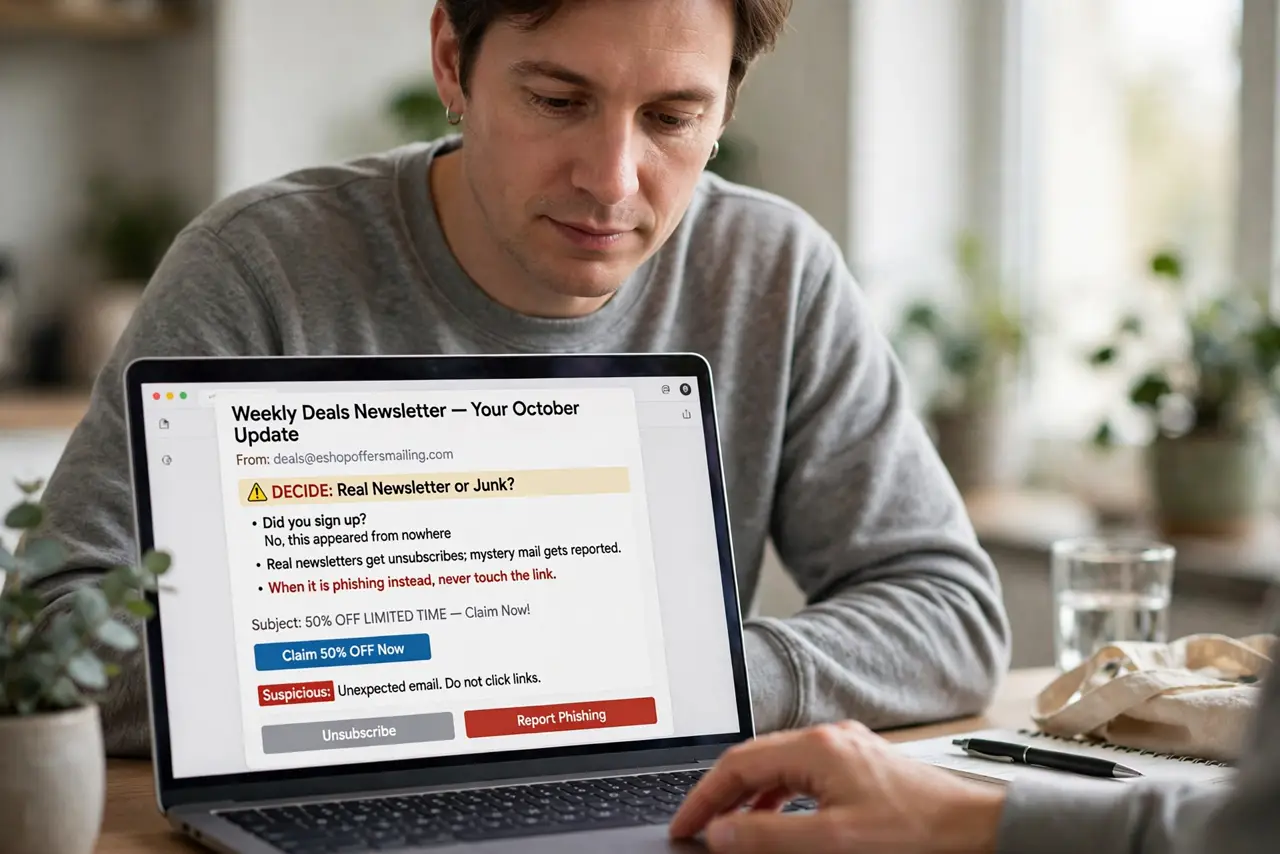 A person performing the first step of the guide: Decide: real newsletter or junk?