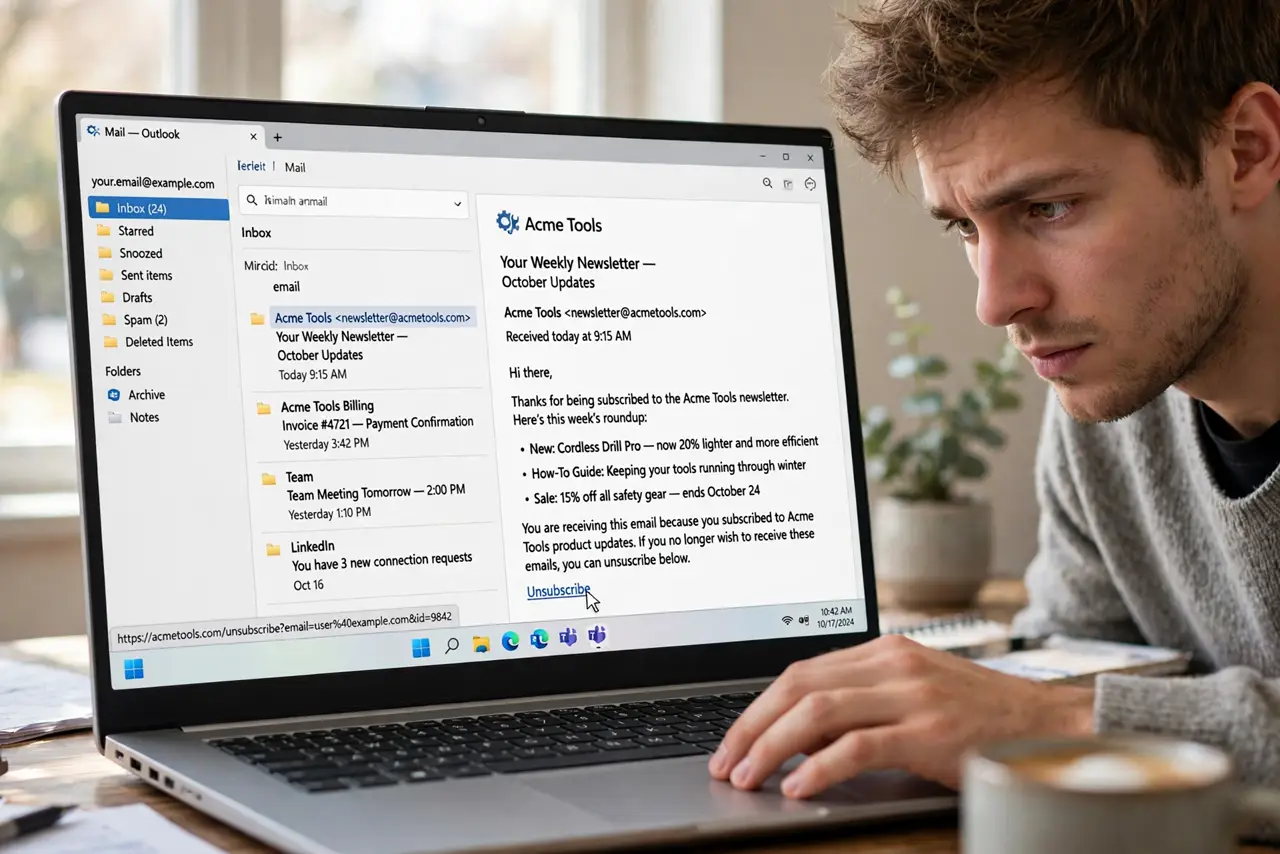 a person hovering over an unsubscribe link in a real email on a laptop screen with the link URL preview legible, the person's face cautious, inbox behind.