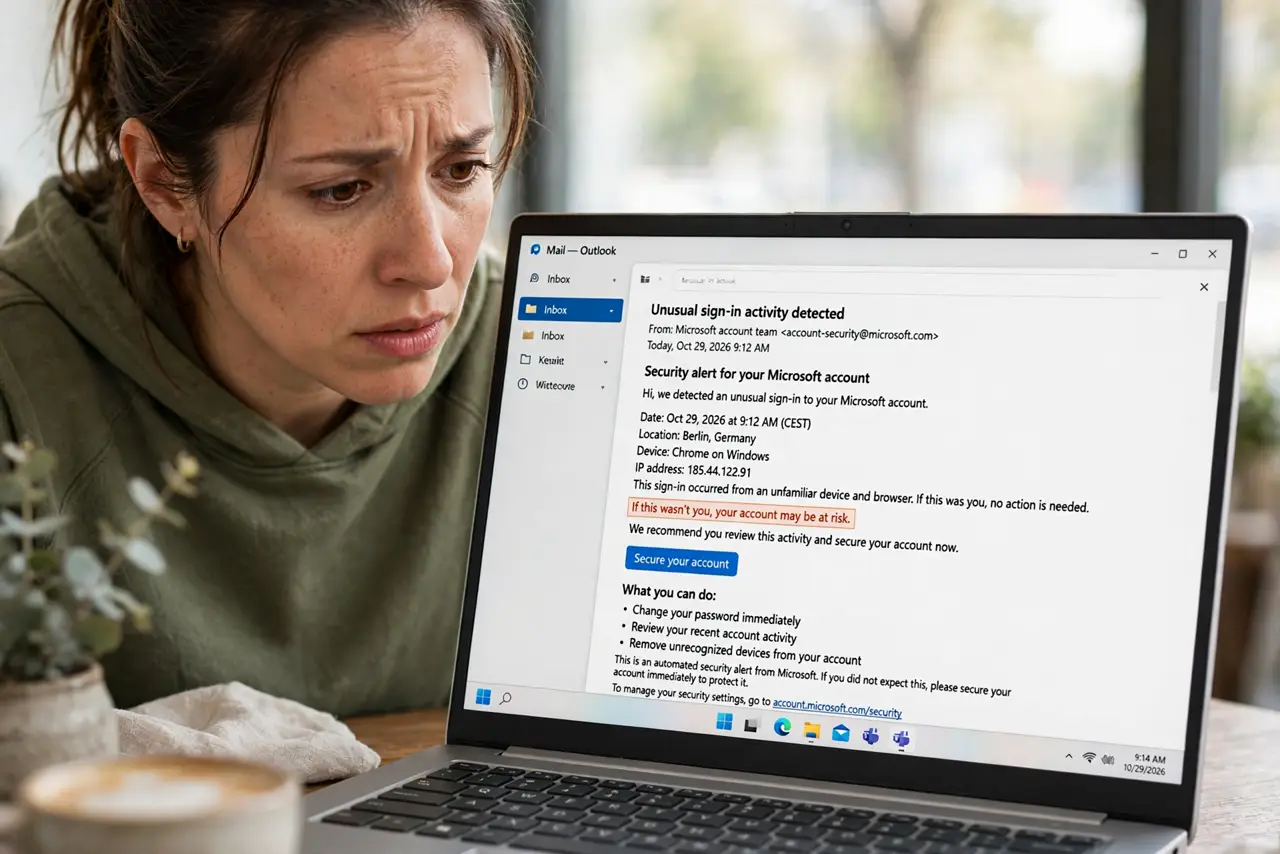 'Unusual Sign-In' While on VPN — a puzzled adult looking at a real laptop showing an unusual sign-in warning email, the email text fully legibl