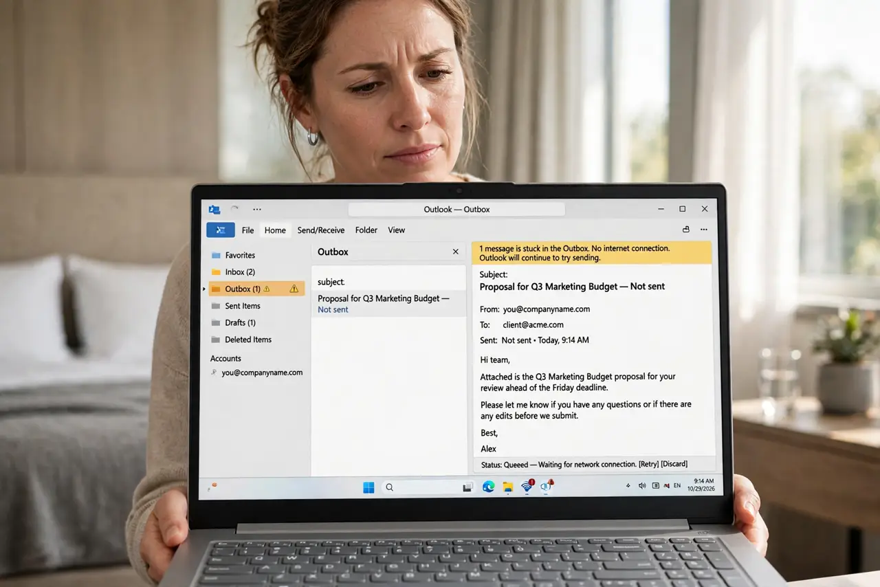 Email Won't Send on Hotel Wi-Fi — a calm adult in a hotel room holding a real laptop showing an email app with a stuck outbox message fully legi
