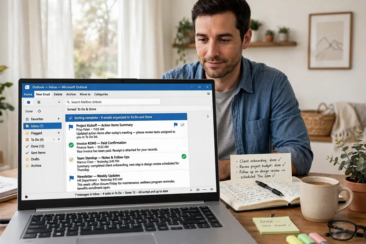 a person at a desk with a real laptop showing an email inbox being sorted, a notebook beside it, the person's face determined and relieved, bright home office.
