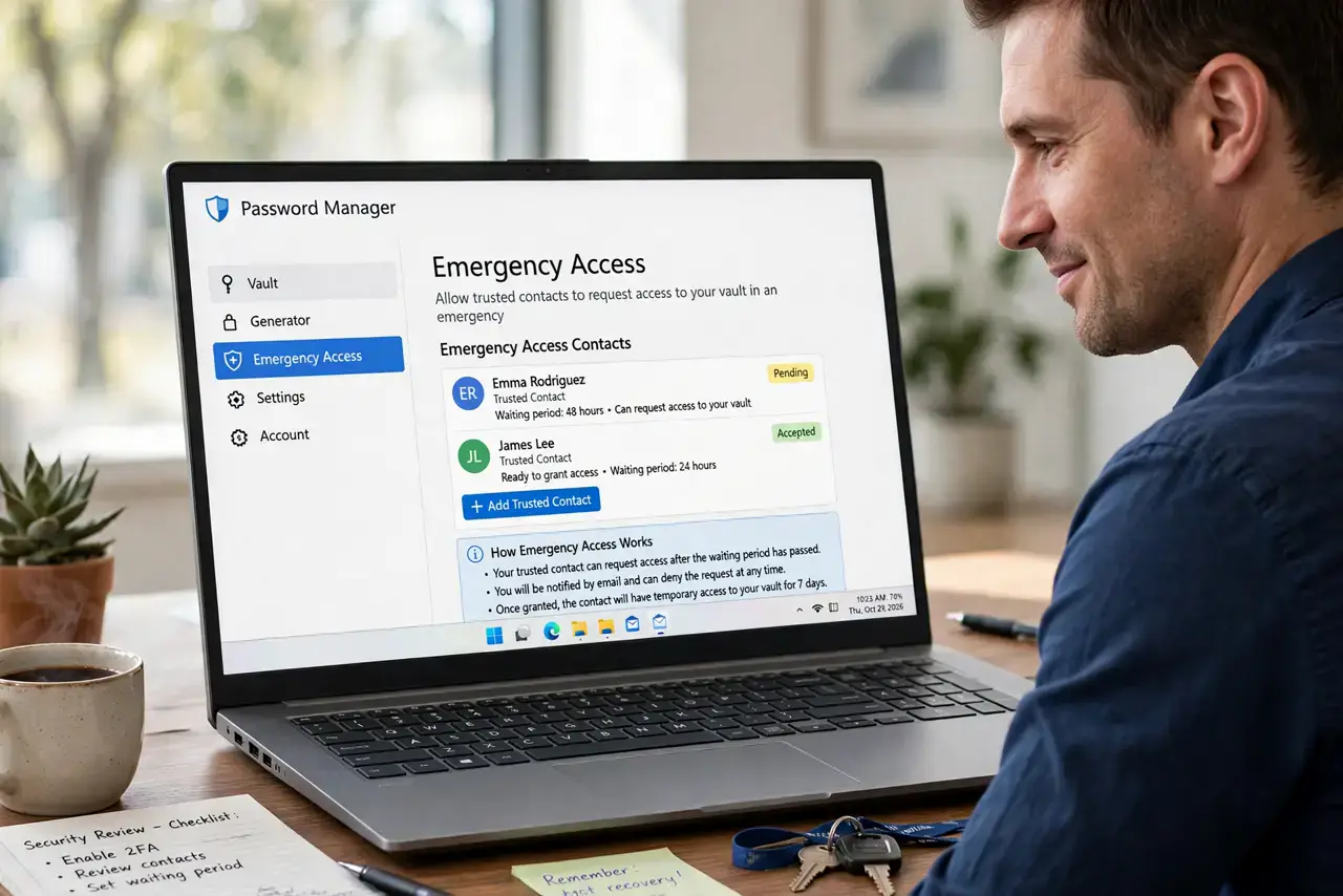Emergency Access to Your Passwords — a reassuring adult at a desk with a real laptop showing a password manager's emergency access settings with fu