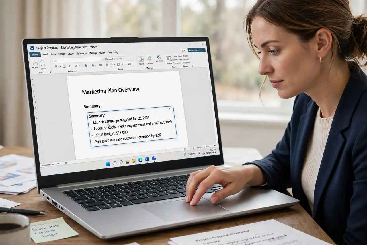 A focused woman clicks inside a text box on a Windows laptop before pressing the shortcut.