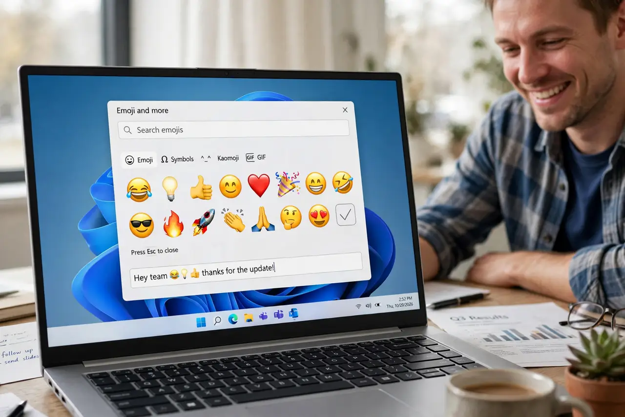 A relaxed man views the Windows emoji panel open above a text box on a laptop.