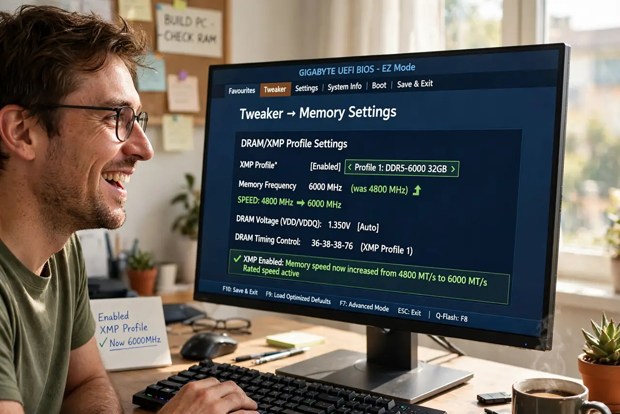 a person enabling the XMP profile in a real BIOS screen showing memory speed jumping to the rated speed, the person's face enlightened, bright workspace. No black screen, no blank .