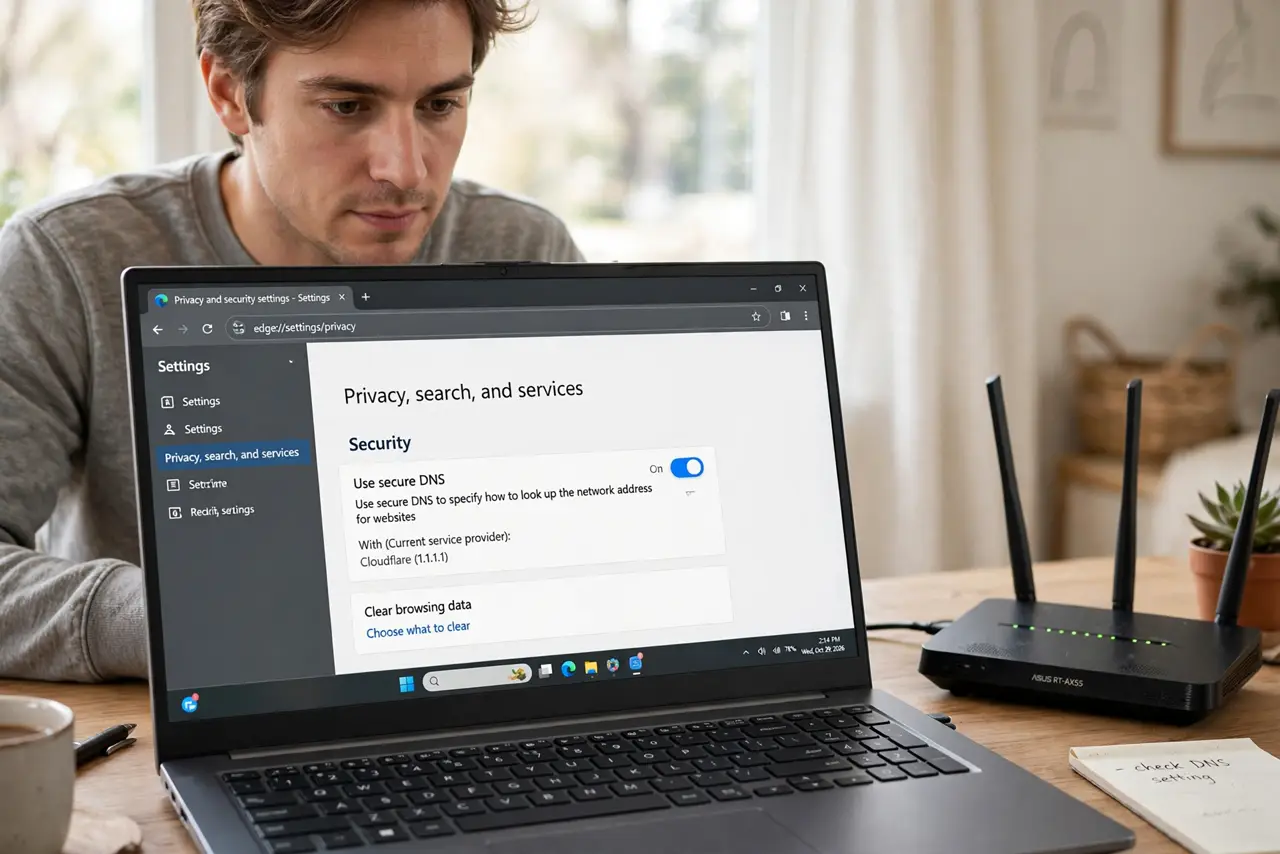 a person looking at a real laptop showing browser privacy settings with the secure DNS toggle legibly visible, a real router beside the laptop, the person's ...