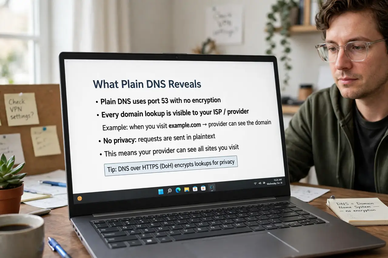 A person performing the first step: Understand what plain DNS reveals. Every domain you look up is visible to your.
