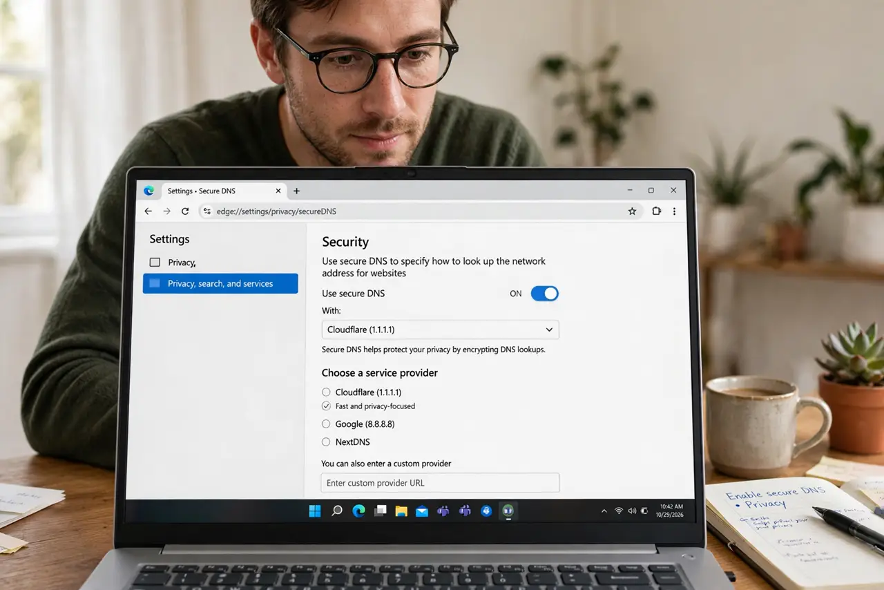 A person looking at a real laptop showing browser secure-DNS settings with legible toggles, the person's face
