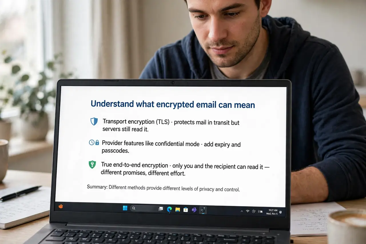 A person performing the first step of the guide: Understand what encrypted email can mean. Transport encryption (TLS) protects mail in transit but servers.