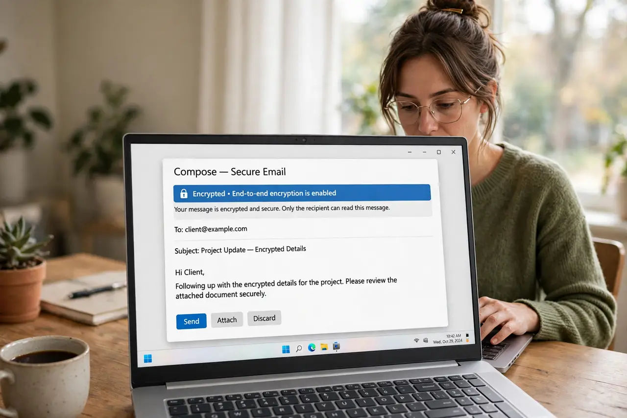 A person typing on a real laptop showing an email compose window with a legible lock icon and encryption notice, the person's face calm and careful.