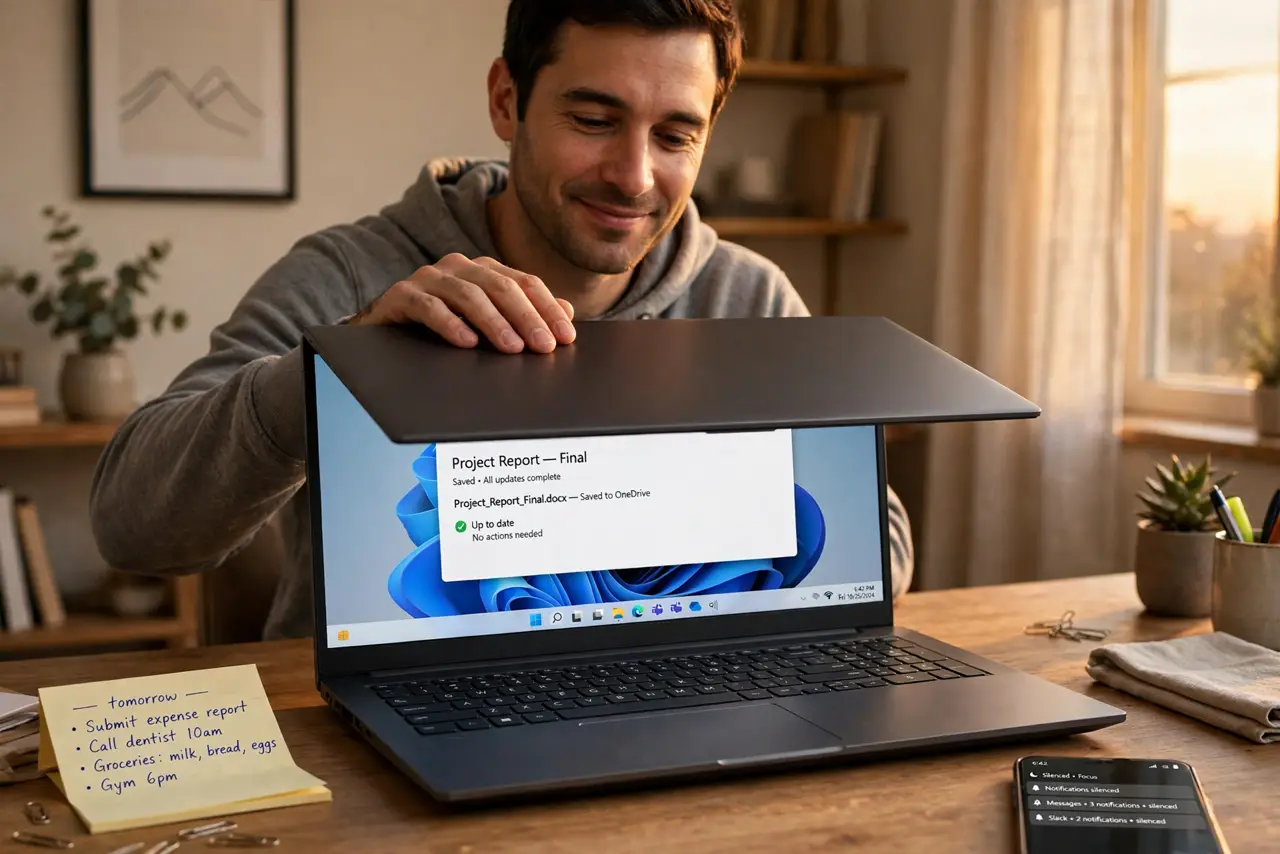A person closing a real laptop on a tidy desk at golden hour, a short handwritten tomorrow list beside it, phone showing silenced notifications, the person's face relieved,.