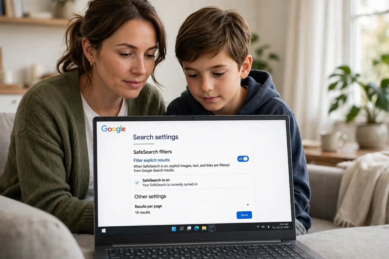 a parent and child looking together at a real laptop showing Google Search settings with the SafeSearch toggle legibly visible, both faces calm, living room.