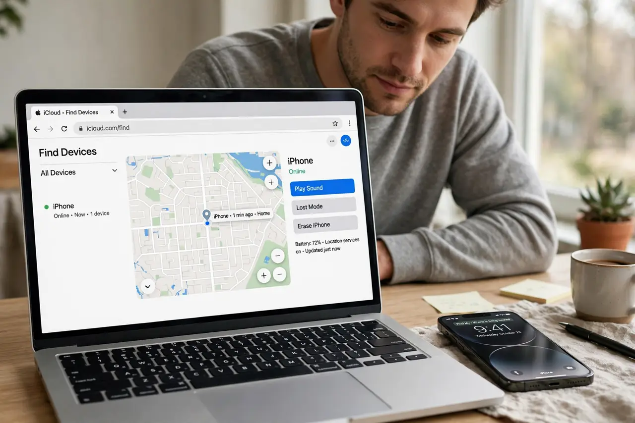 Step 1 in action for Erase a Lost Phone Remotely: Open Find My from any browser.