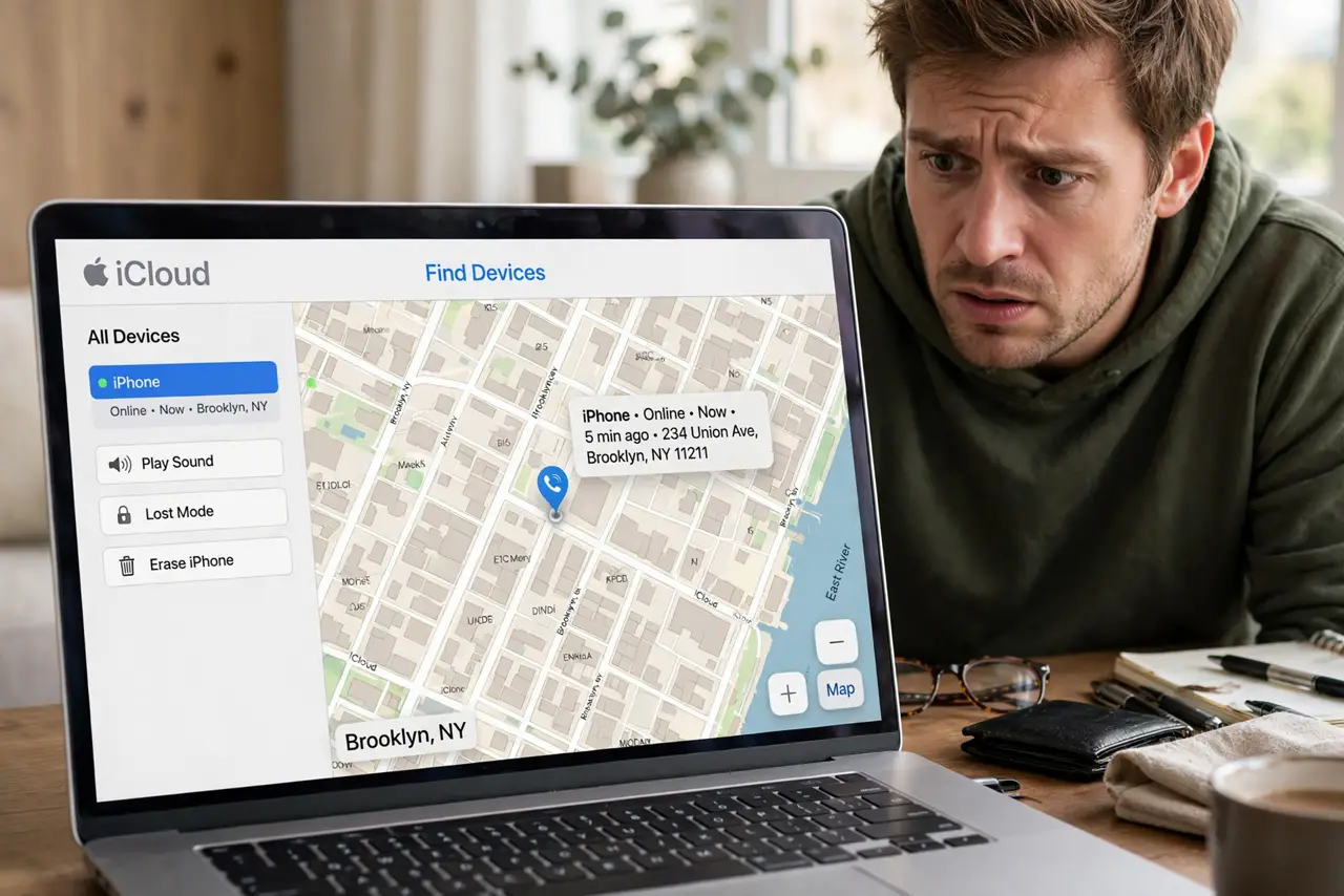 Erase a Lost Phone Remotely — a worried adult using a real laptop showing the Find My device map with a phone location pin fully legible, th
