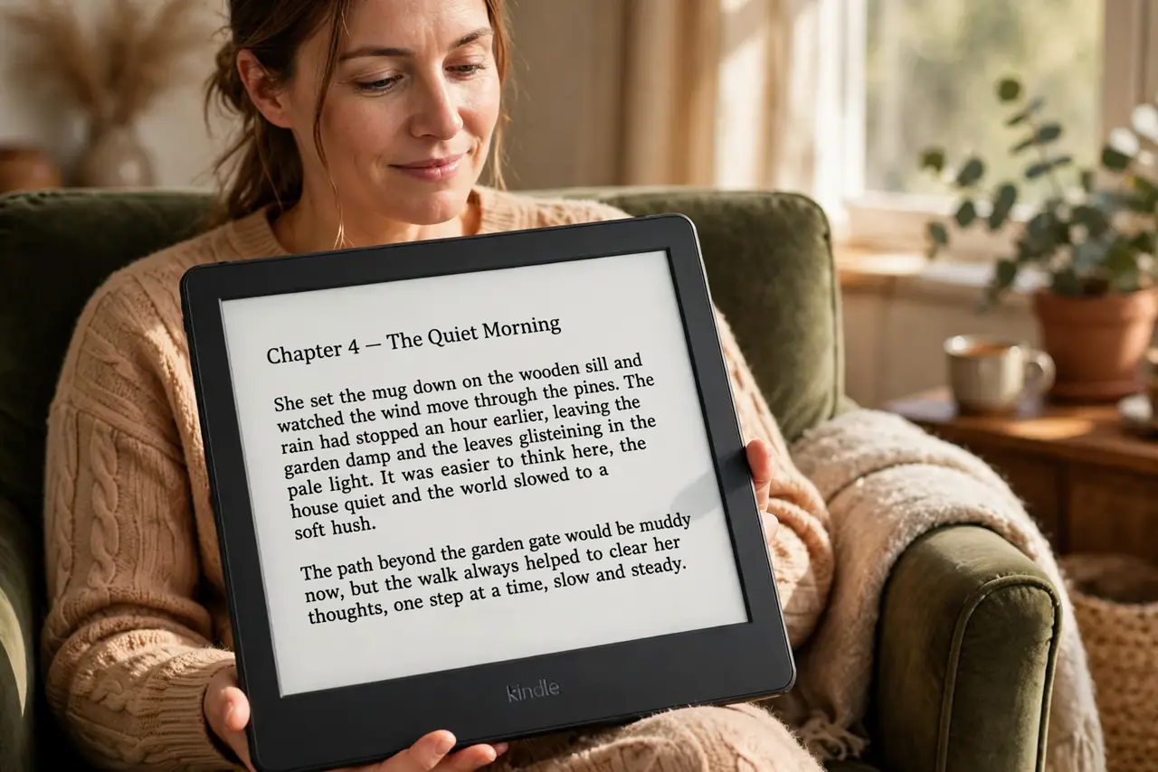 A relaxed adult reading on a real e-reader in an armchair, the e-reader screen showing a book page with fully legible text, the person comfortable and focused.