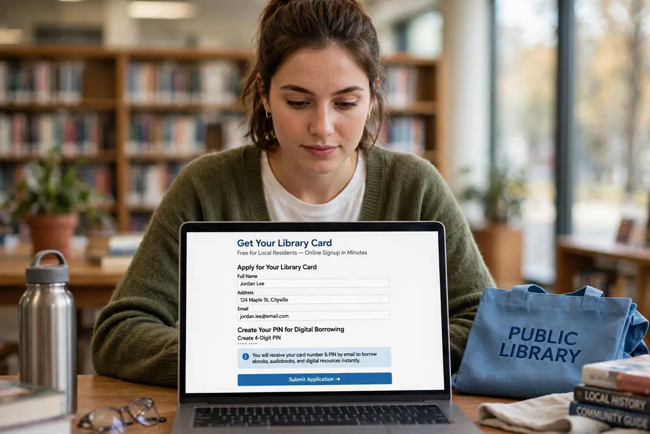 A person performing the first step of the guide: Get a library card.