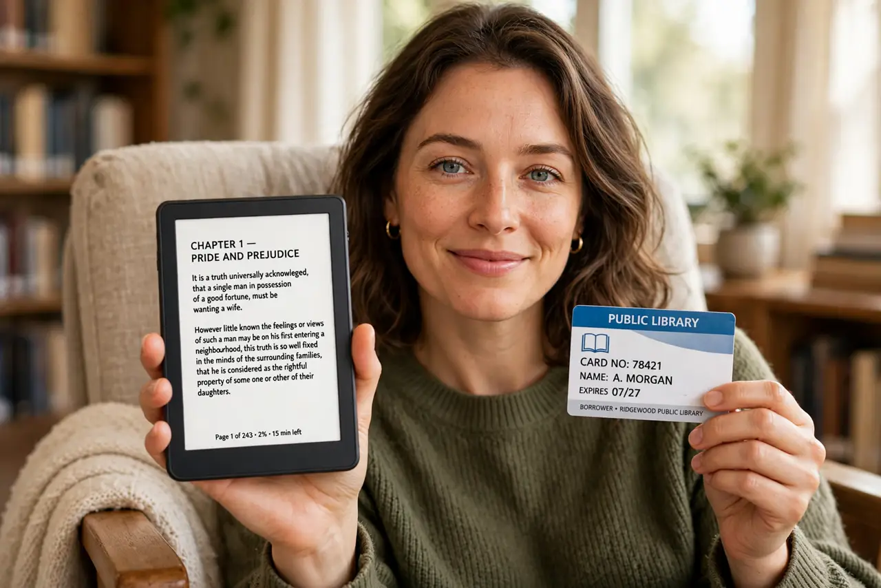 a person holding a real eReader showing a legible library book page, a library card in the other hand, cozy reading chair, the person's face content.