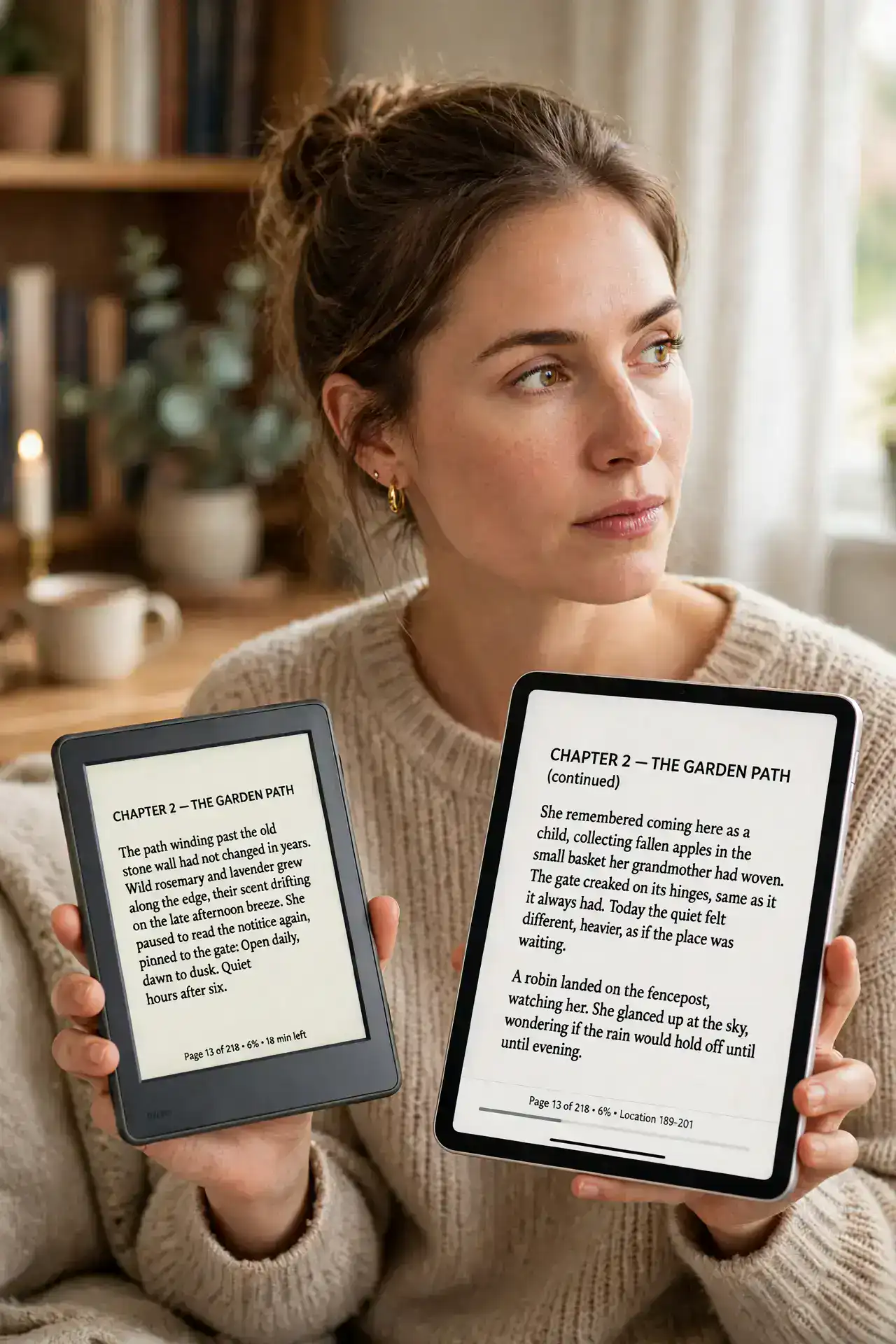 a person holding a real eReader in one hand and a real tablet in the other, both showing legible book pages, deciding between them, the person's face thoughtful, cozy room.