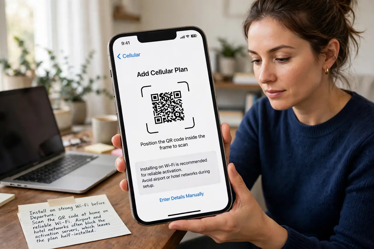 A person performing step 1 of the guide: Install on strong Wi-Fi before departure. Scan the QR code at home on reliable Wi-Fi. Airport and hotel networks often block the activation servers, which leaves the plan half-inst...