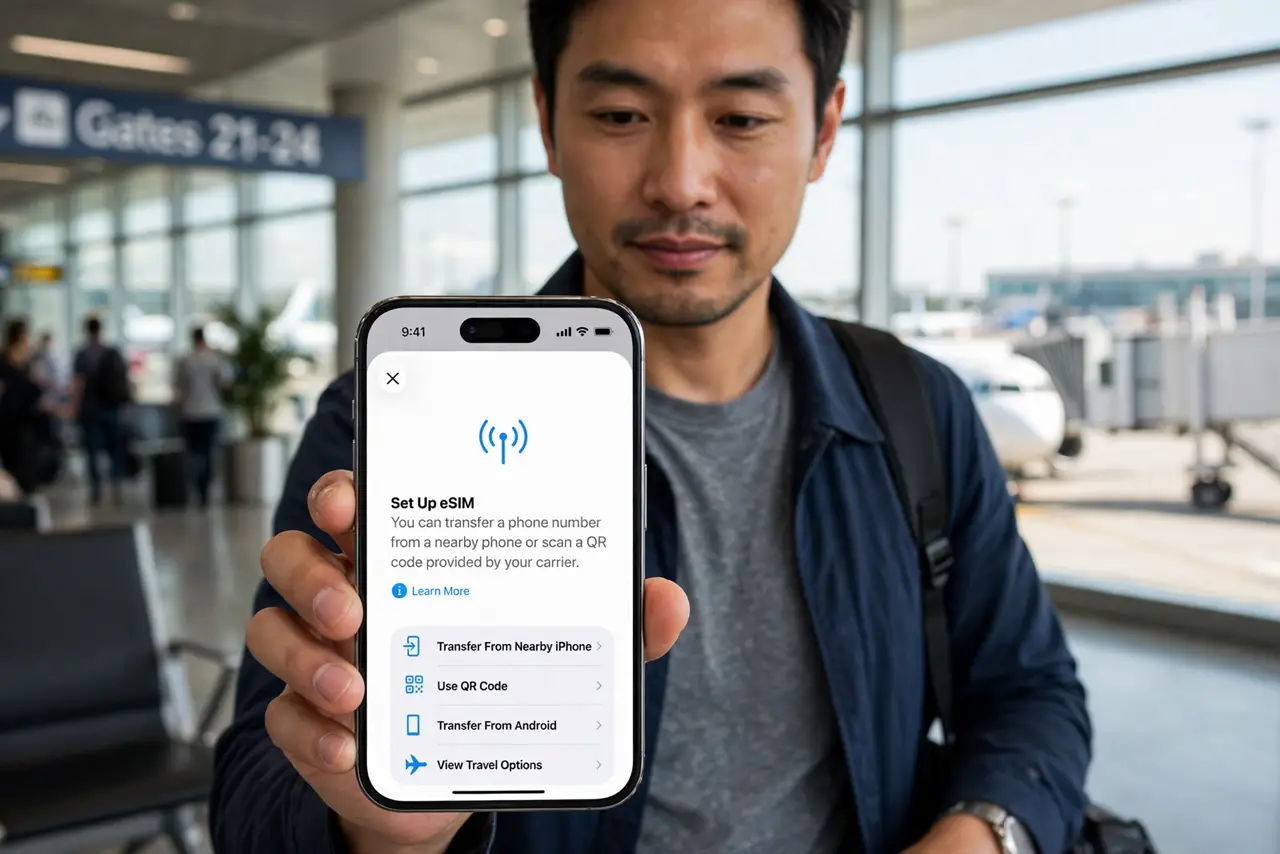 a calm adult traveler holding a real phone showing the eSIM setup screen with legible text, an airport window visible in the background. No black screen, no blank white screen, no fake or garbled screen text.