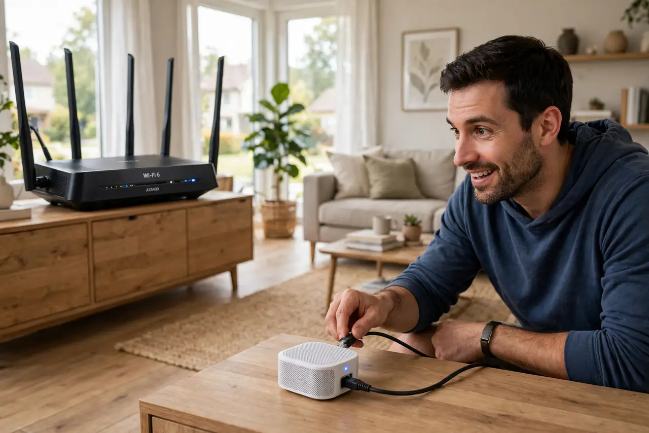 a person plugging an ethernet cable into the back of a real mesh node, the router visible across the room, the person's face anticipating the speedup, living room. No black screen,.