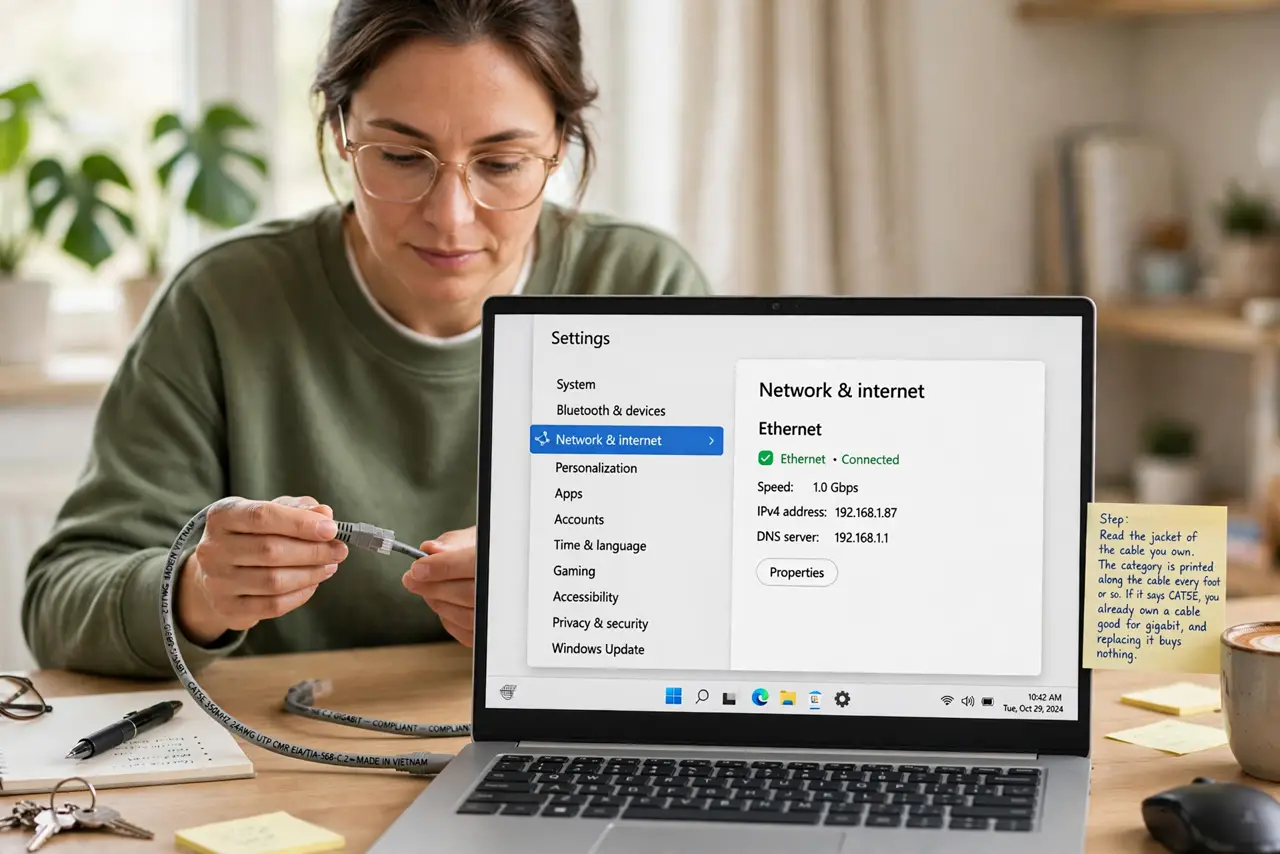 A person performing step 1 of the guide: Read the jacket of the cable you own. The category is printed along the cable every foot or so. If it says Cat5e, you already own a cable good for gigabit, and replacing it buys no...