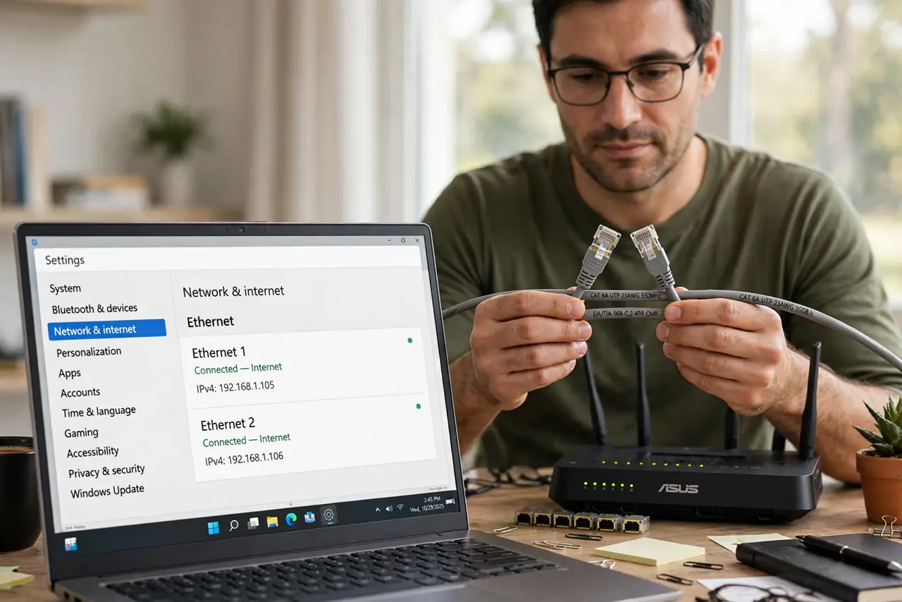 a calm adult at a desk holding two real ethernet cables side by side, the printed category text legible on the cable jackets, a router behind them. No black screen, no blank white screen, no fake or garbled screen text.