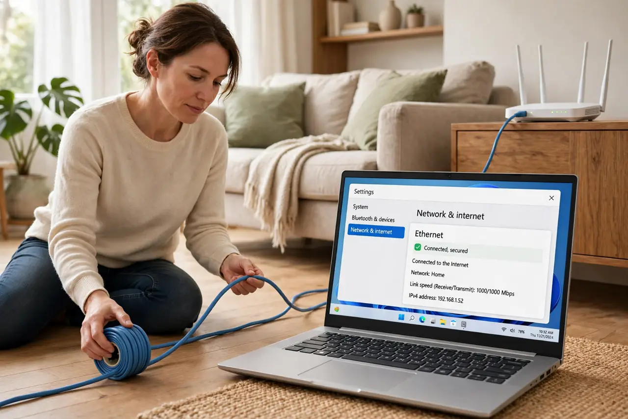 a calm adult unrolling a real ethernet cable across a living room floor toward a router, the cable clearly visible along the floor. No black screen, no blank white screen, no fake or garbled screen text.