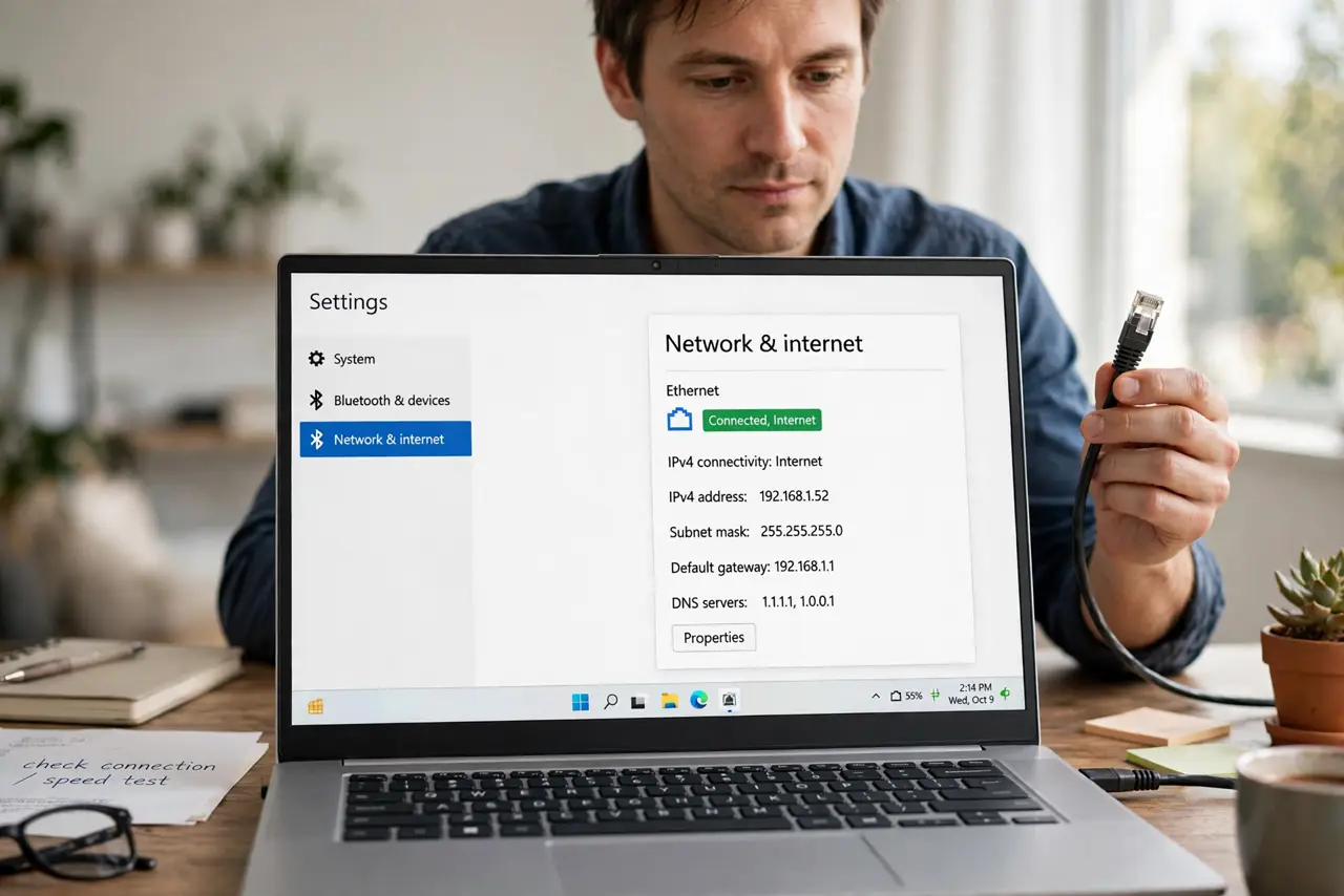 Photorealistic photo: A calm adult at a desk holding a real ethernet cable near a real laptop, the real network status visible complete and legible, the person checking calmly.