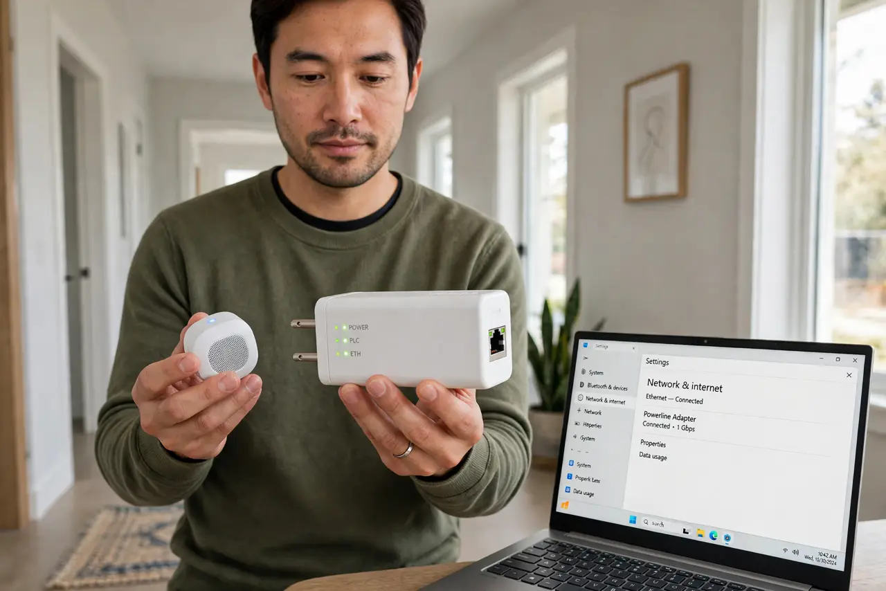 a calm adult in a hallway holding a real powerline adapter in one hand and a small mesh node in the other, both devices clearly visible. No black screen, no blank white screen, no fake or garbled screen text.