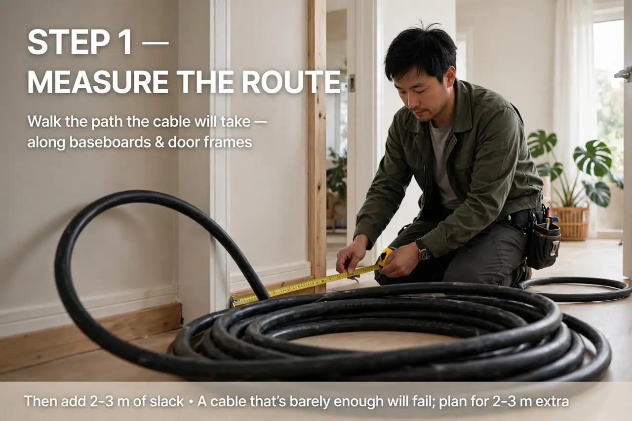 A person performing step 1: Measure the route first. Walk the path the cable will take — along baseboards, around door frames — and measur.