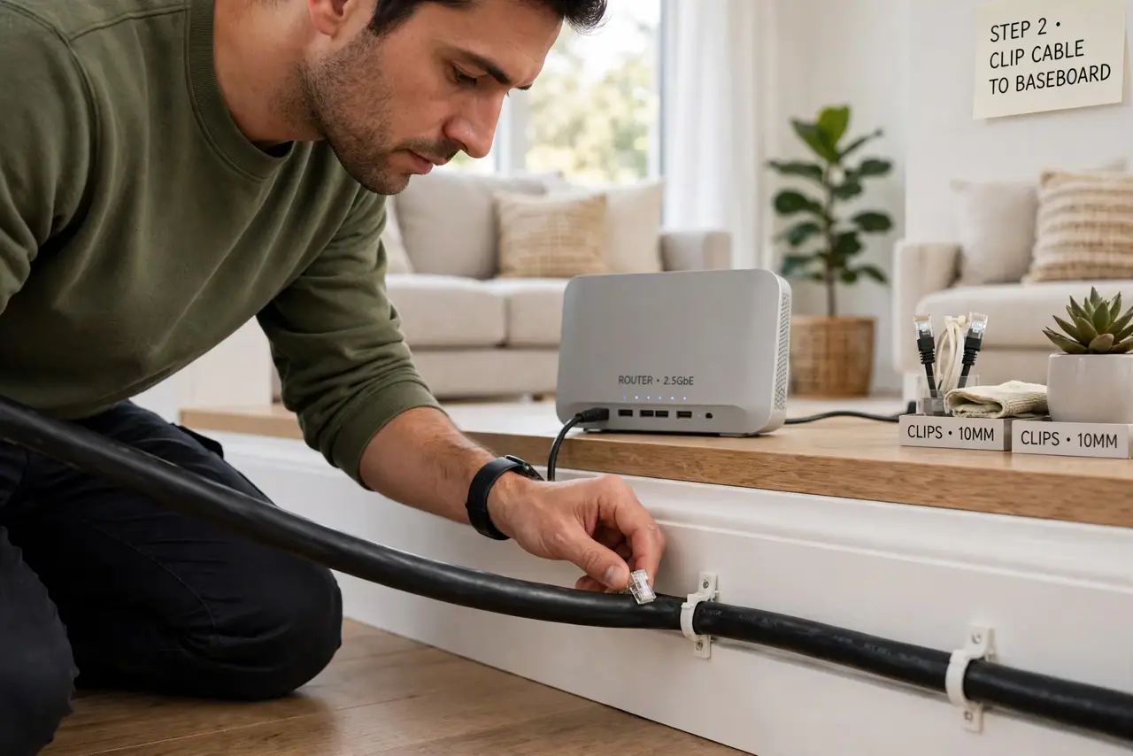 A person clipping a real ethernet cable along a white baseboard with small cable clips, a router visible in the background, the person's face focused, living room.