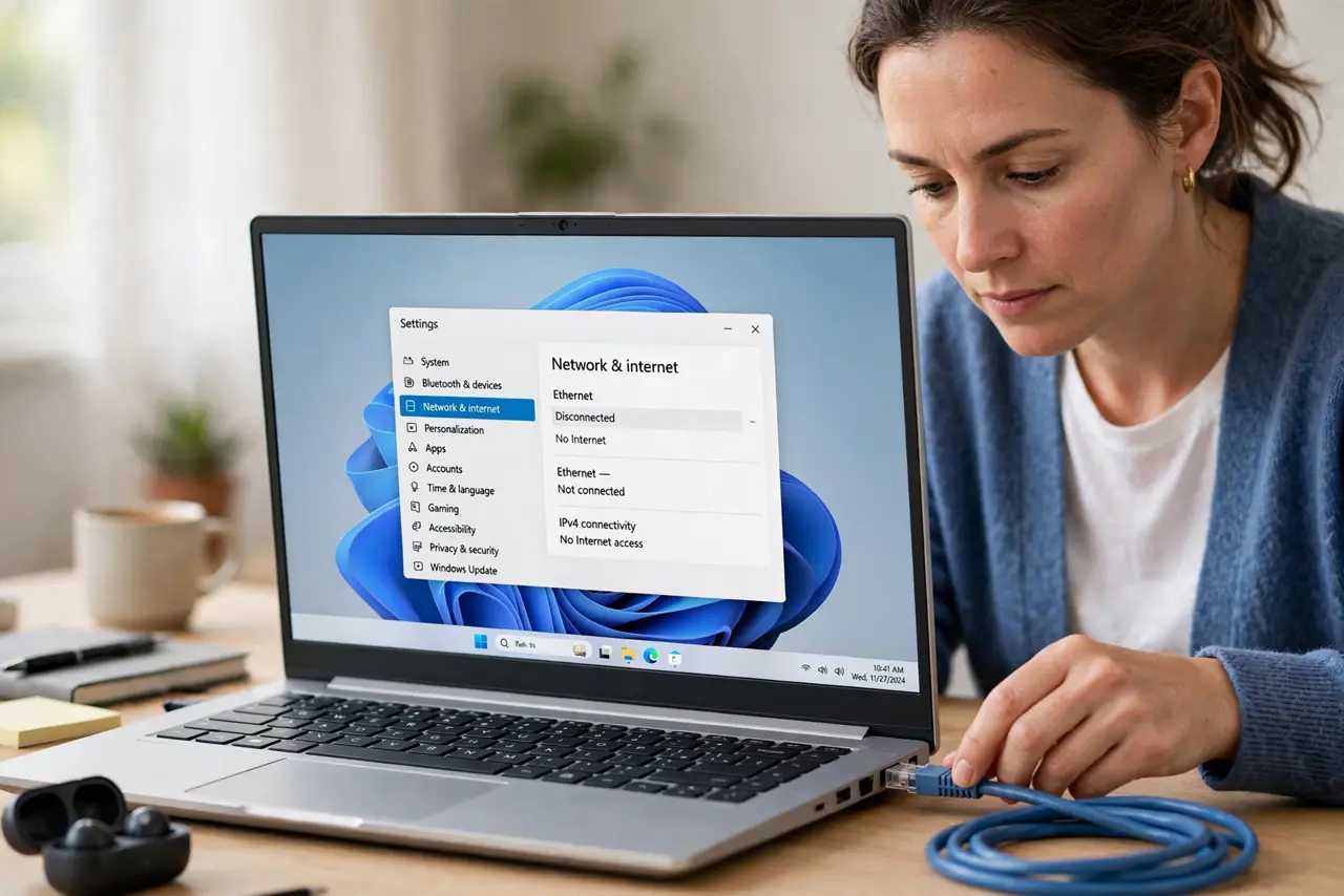 A focused woman reseats the Ethernet cable in the laptop's port.