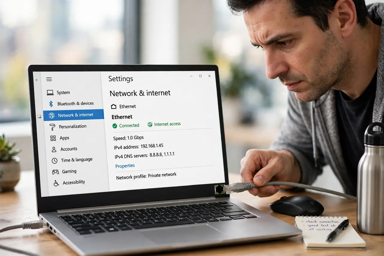 A focused man plugs an Ethernet cable into a Windows laptop showing Network settings.
