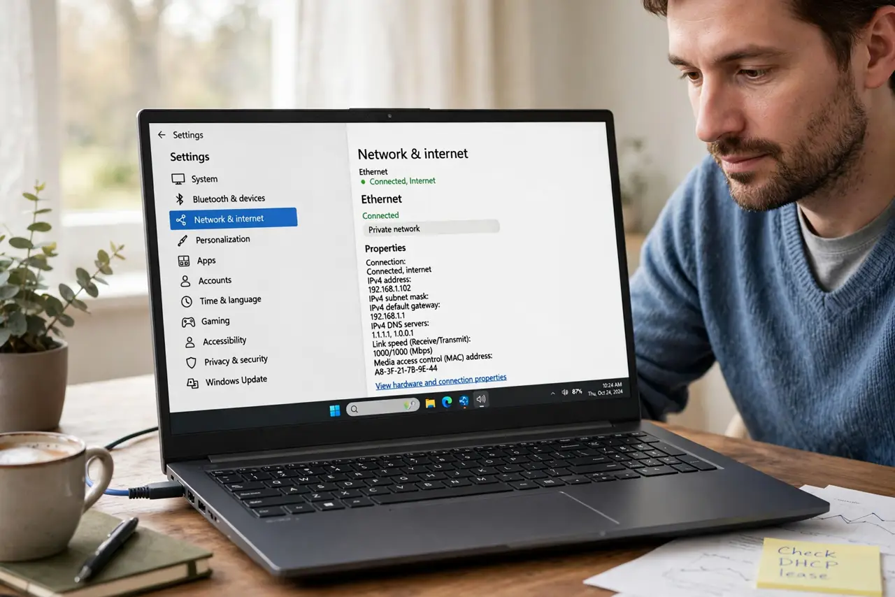 Photorealistic photo: A calm adult at a desk with a real laptop connected by an ethernet cable, the real network settings screen visible complete and legible, the person checking calmly.
