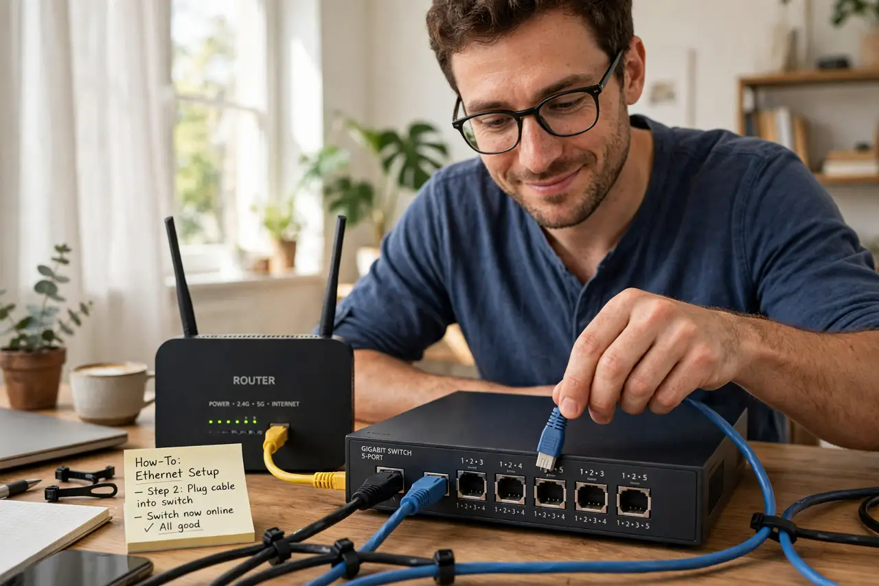 a person plugging real ethernet cables into a small real network switch next to a router, cables neatly arranged, the person's face satisfied, home office.