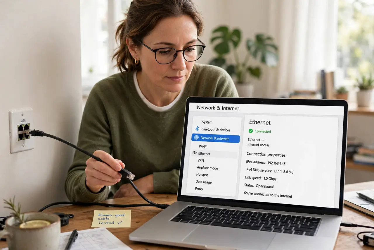 A person performing step 1 of the guide: Test with a known-good cable and device. Plug a laptop you trust into the jack with a cable you trust. If it works, the jack is fine and...