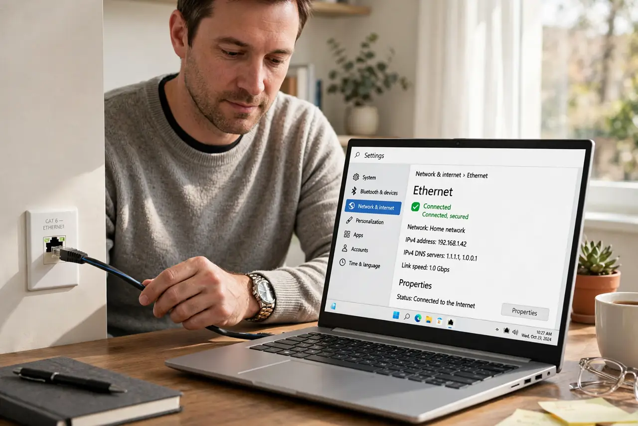 a calm adult at a desk plugging a real Ethernet cable into a wall jack, a laptop nearby showing a normal network screen with legible text, the person testing the connection