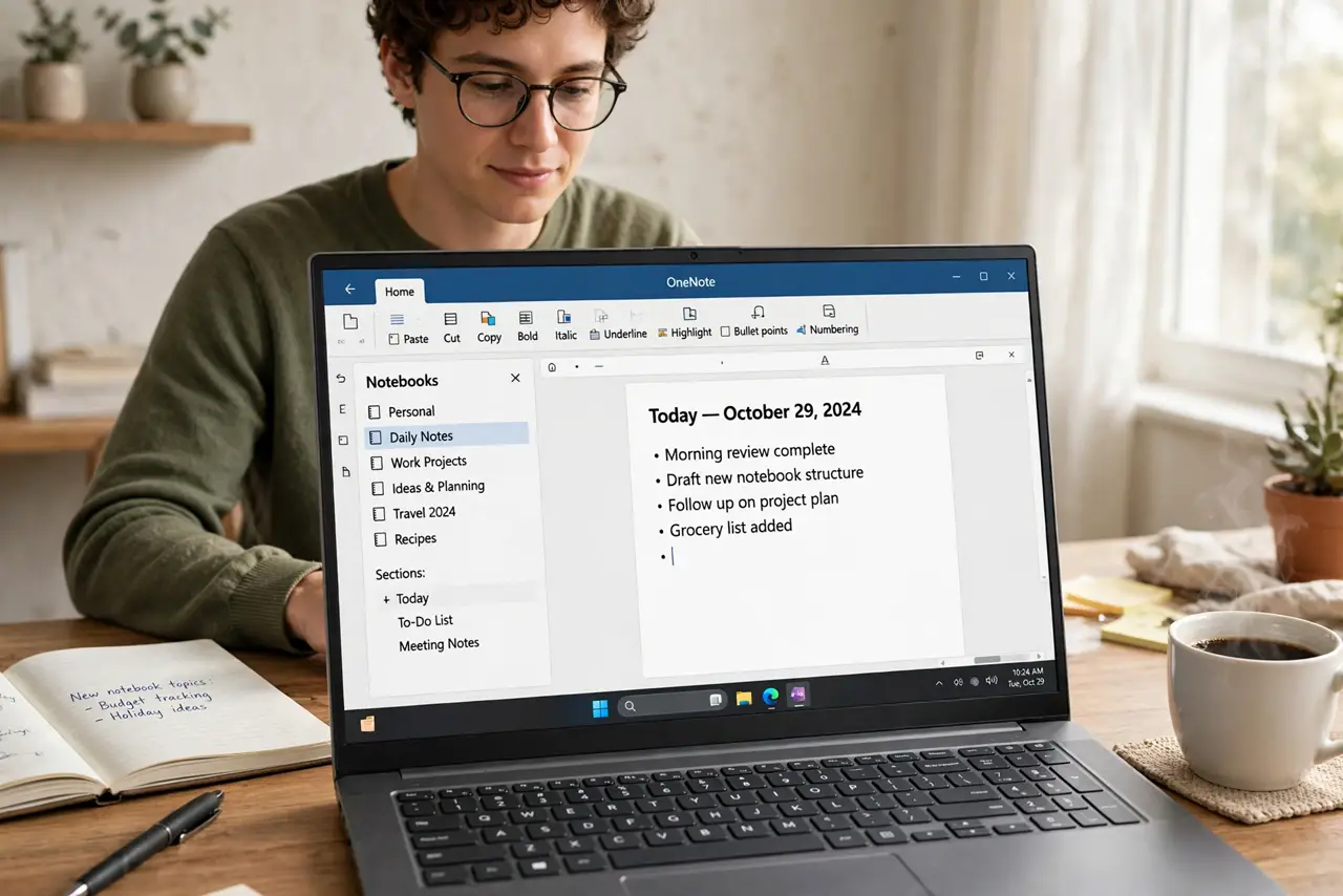 Photoreal photo of a person performing the first step: Create your first notebooks. Think of notebooks as folders — one for work, one for personal, one for ideas. Keep the count small at first; three to fi...