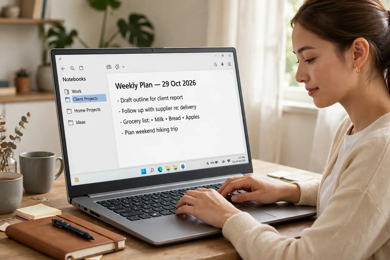 Photoreal photo: a person typing a note on a real laptop showing a notes app with legible text and a sidebar of notebooks, a notebook and pen beside the laptop, the person's face calm and organized, home desk. No black s