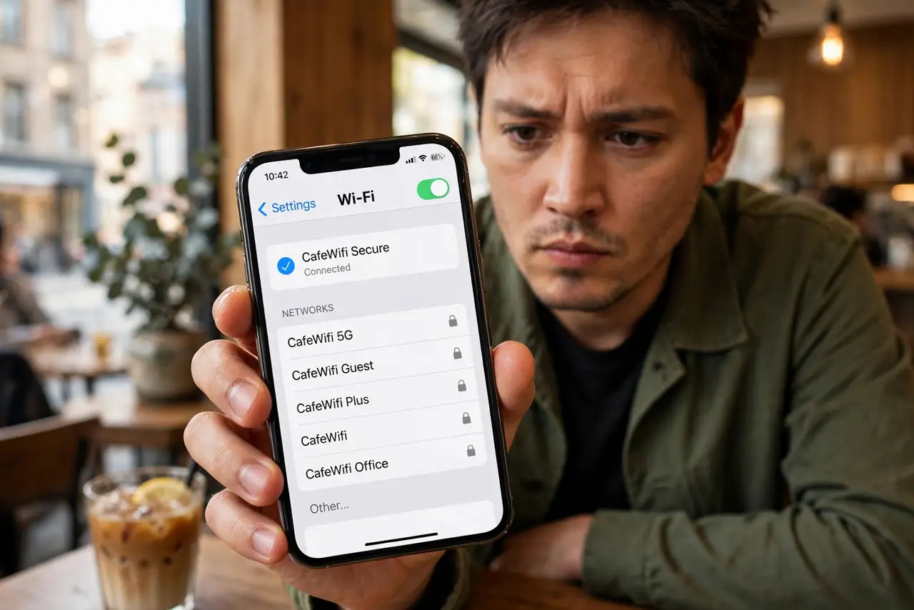 a person in a real cafe holding a real phone showing a Wi-Fi network list with several similar network names legible, the person's face wary and focused, warm cafe light. No black .