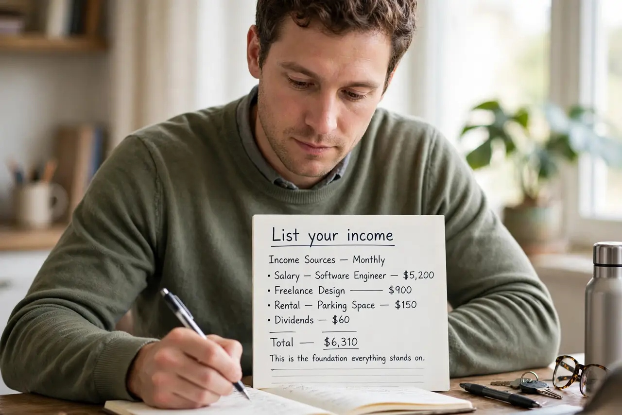 A person performing the first step of the guide: List your income.