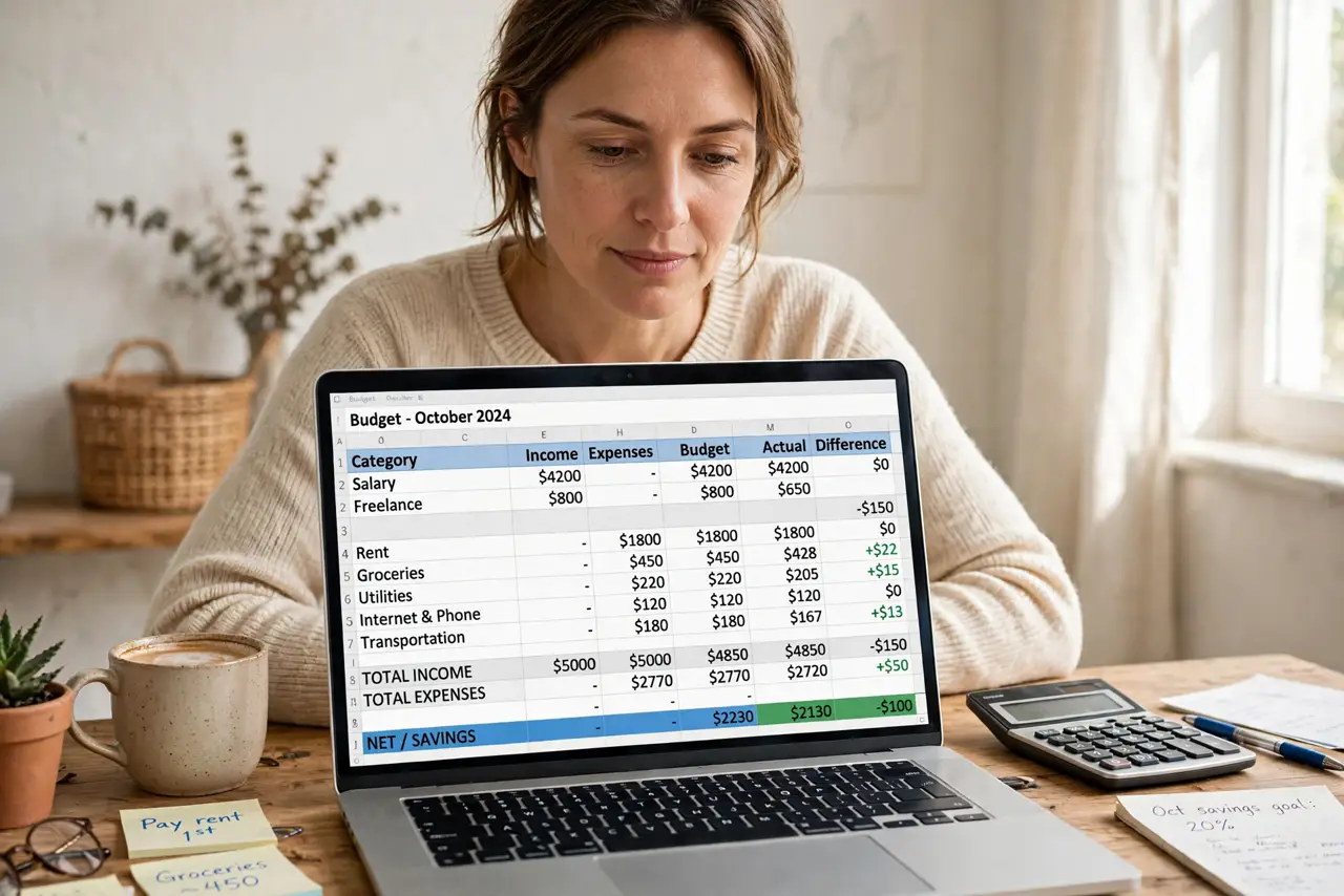 a person reviewing a real budget spreadsheet with legible income and expense categories on screen, calculator nearby, the person's face calm and in control, home desk.